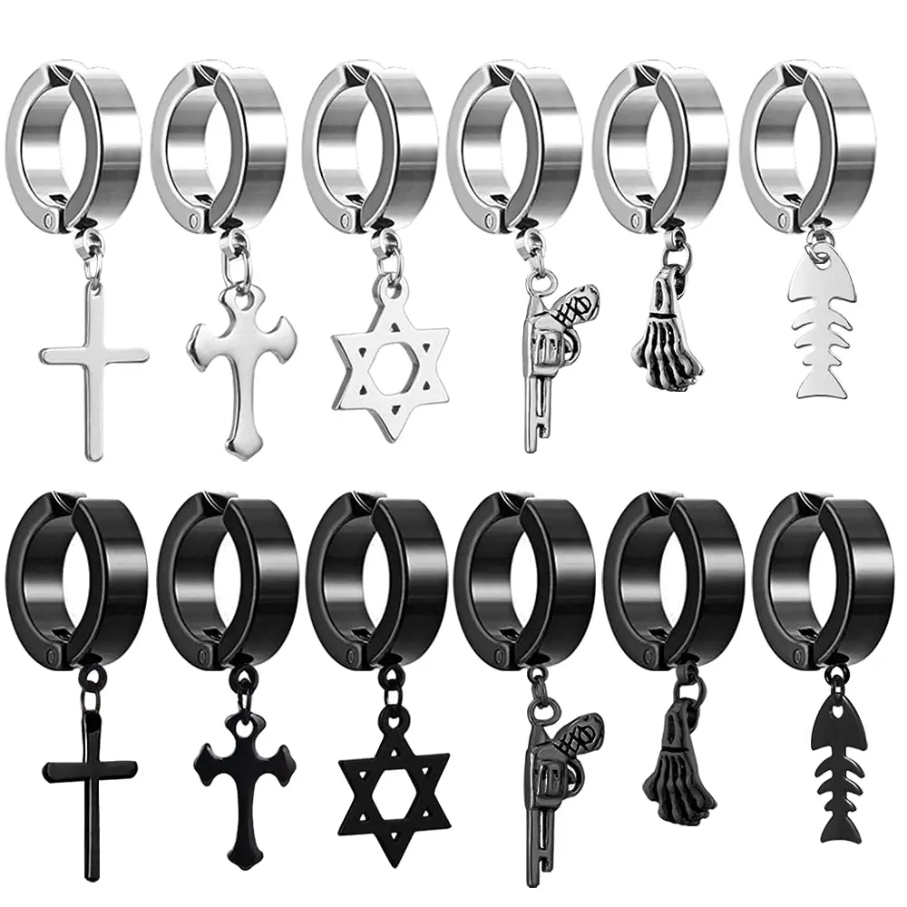 12 Pieces Stainless Steel Non Pierced Earrings Non Piercing Cross