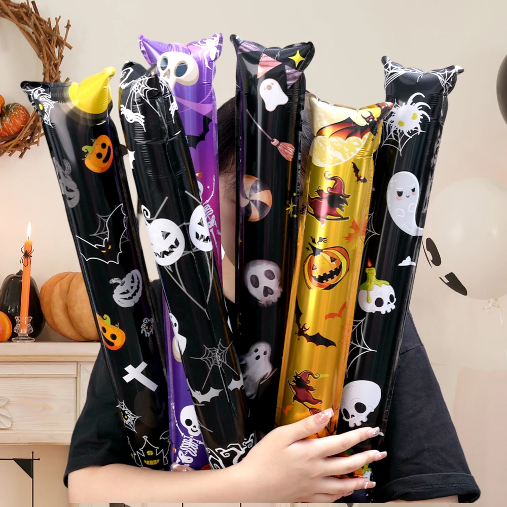 Halloween Blow Stick Balloon Toy Long Black Skull Spider Ghost Balloon Stick Halloween Party Decorations Children's Party Toys