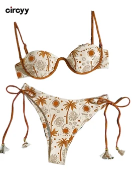 Circyy Printed Swimsuit Women Halter Backless Bikini Set Lace Up Beach Sexy Thongs Summer 2025 Two-piece Fashion Split Swimsuit