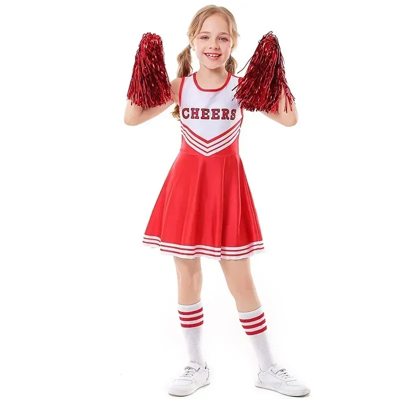 Girl Cheerleading Uniform Dance Costume Children's Sleeveless Letters Printed Dress with Socks Cheering Flower