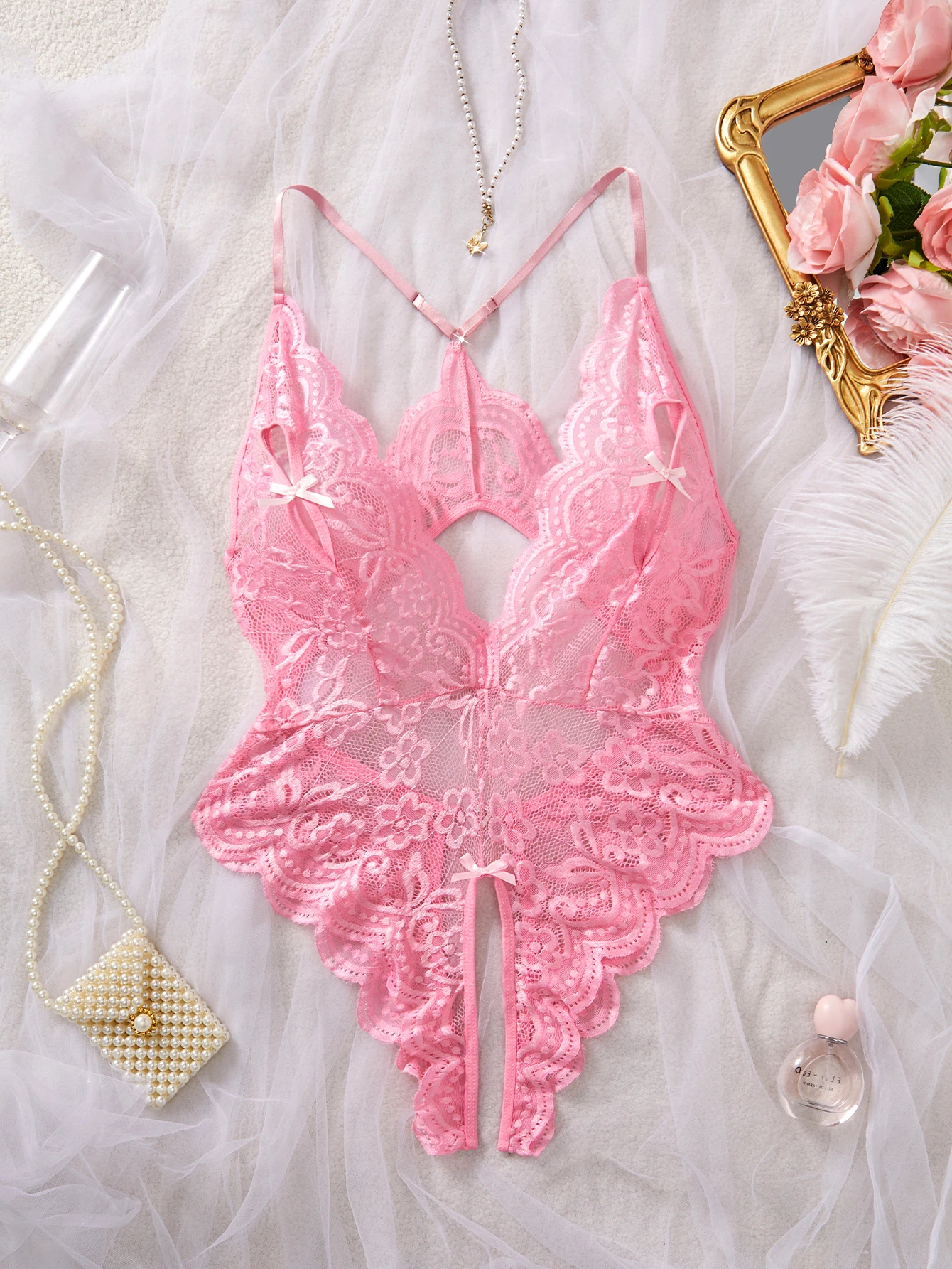 pink lace teddy front view