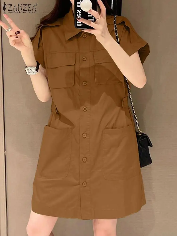 

ZANZEA Women Cargo Shirt Dress Short Sleeve Turn Down Collar Casual Dresses Fashion Korean Summer Sundress Solid Party Vestido