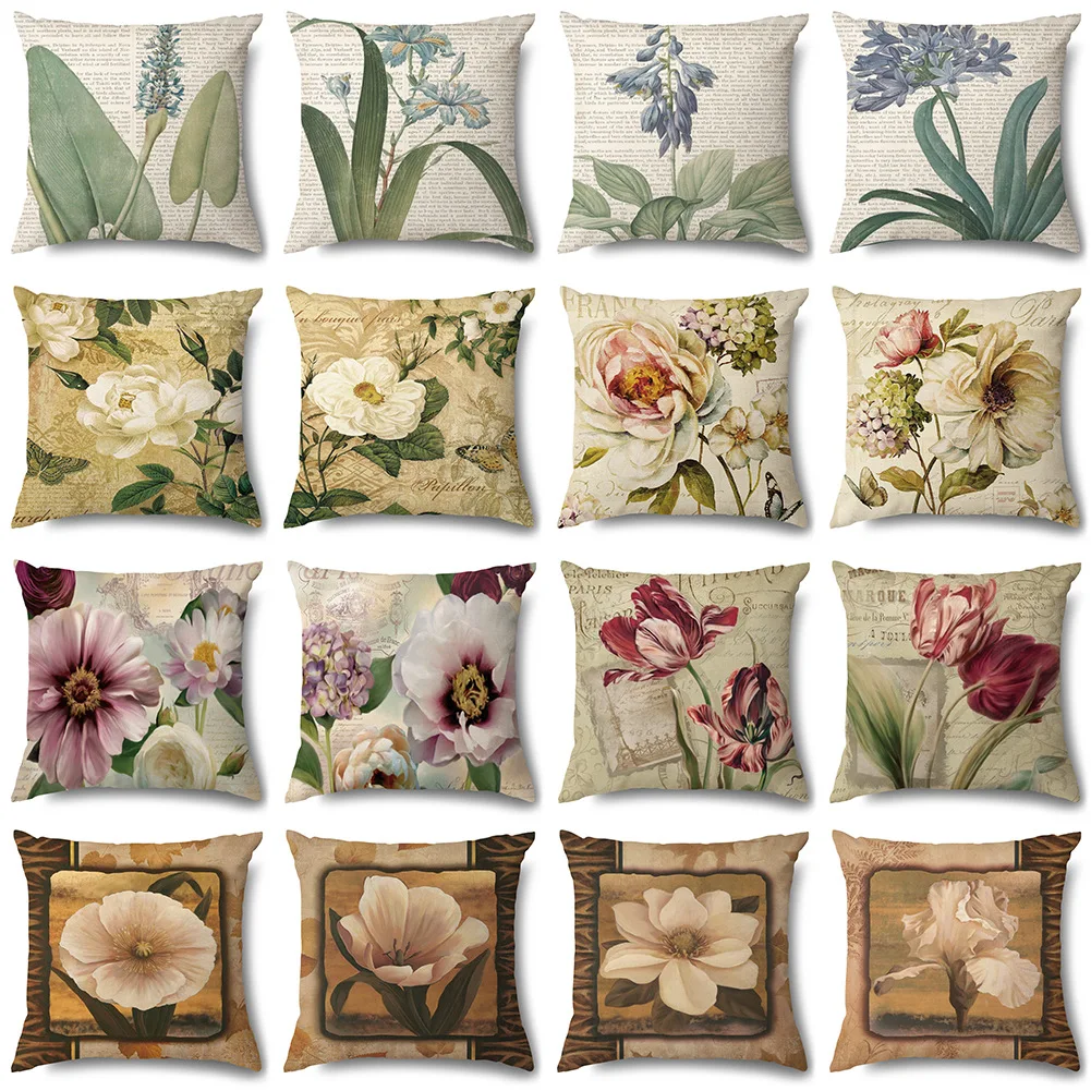 

Spring Plant Floral Linen Pillowcase Vintage Red Flower Pillow Case for Pillows Aesthetic Home Decor Living Room Bedroom 45x45