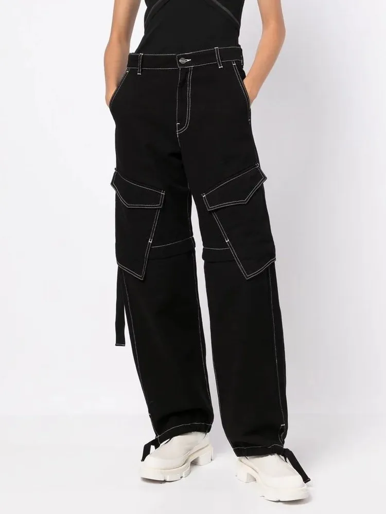 KBQ Cargo Denim Pants For Women High Waist Patchwork Pockets Streetwear Casual Solid Straight Wide Leg Pant Female Fashion New