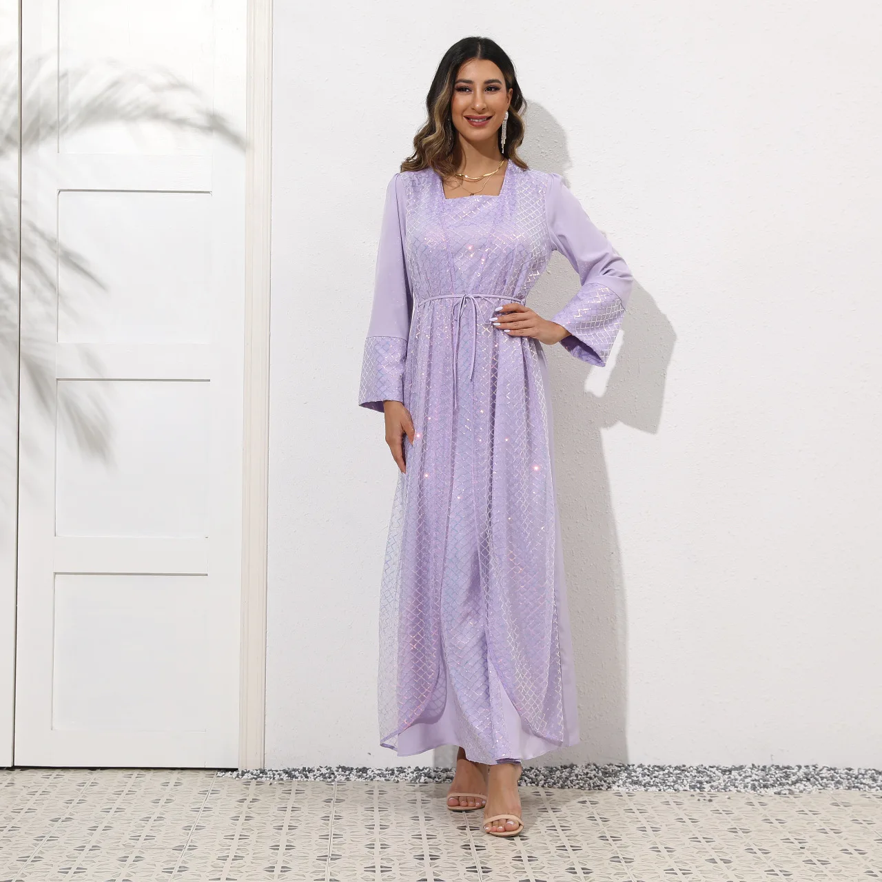 Robe Femme Musulmane 2022 New Middle East Muslim Solid Sequins Fake Two-piece Arabian Lace-up Elegant Dress Abayas for Women