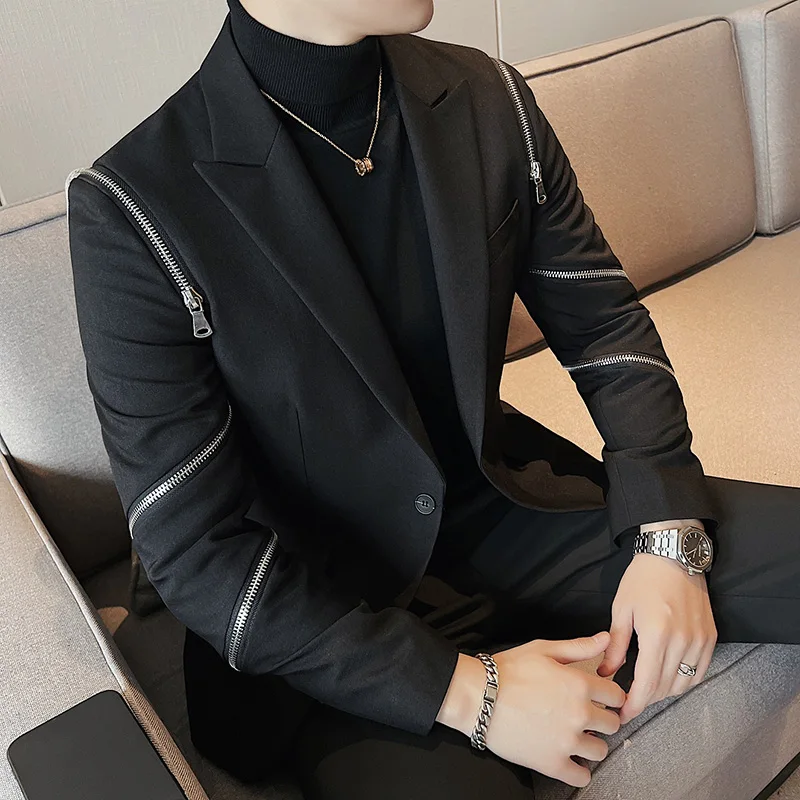 Men Slim Fit Casual Suit Jacket Wedding Business Dress Blazer Banquet Singer Stage Men Clothing Zipper Decoration Tuxedo