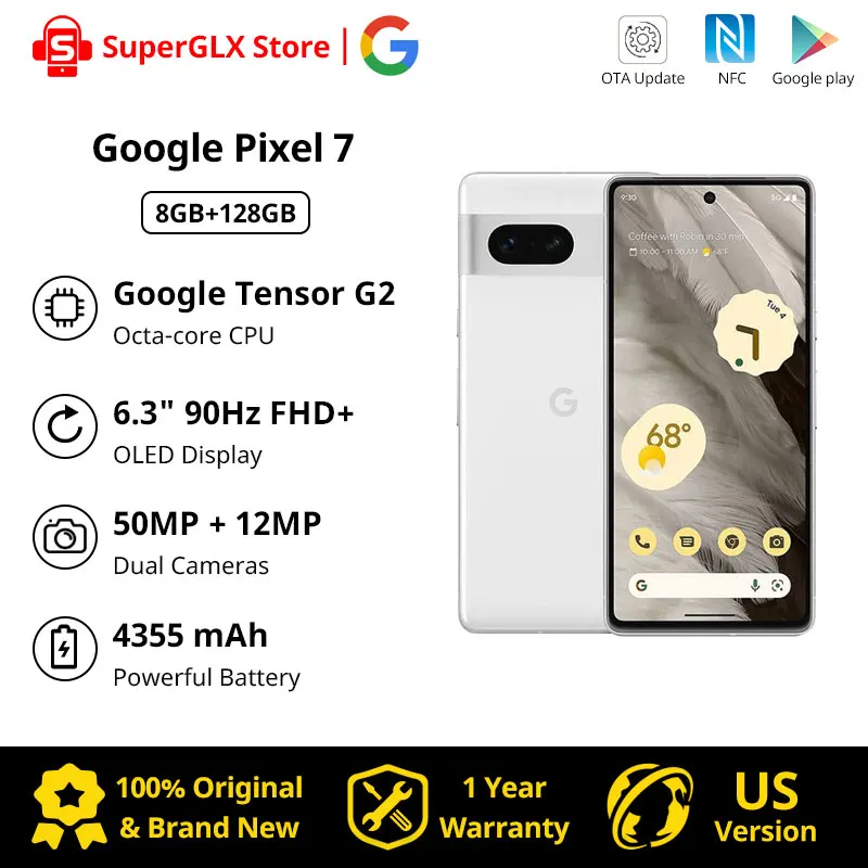 Disponibile Smartphone Android Google Pixel 7 5G Con Obiettivo Grandangolare E Batteria 24 Ore-128Gb-Neve