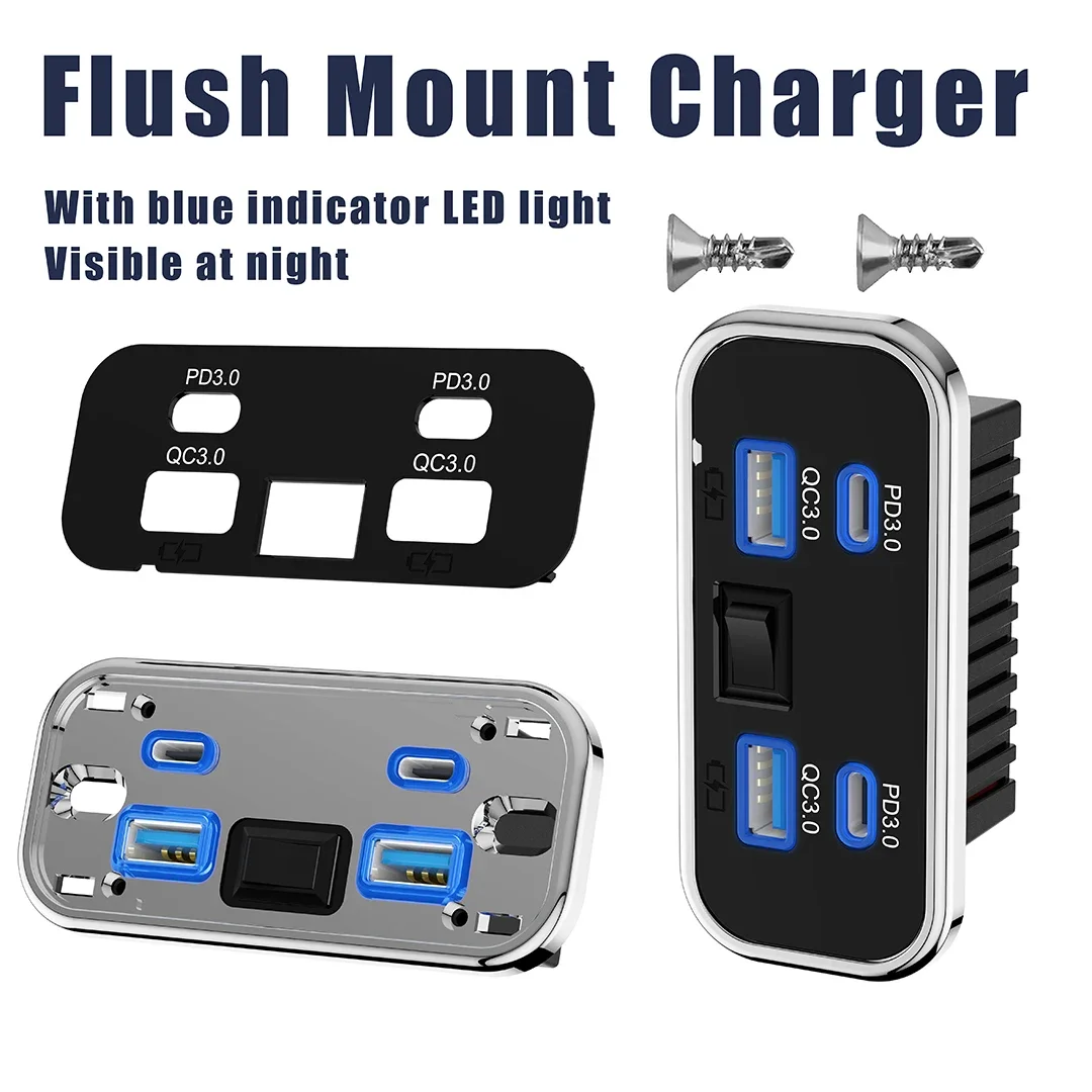 4포트 12V RV USB 콘센트 76W 듀얼 PD3.0 타입-C 퀵 차지 & QC3.0 패널 벽걸이 충전기 어댑터 해양 버스 ATV 트럭용