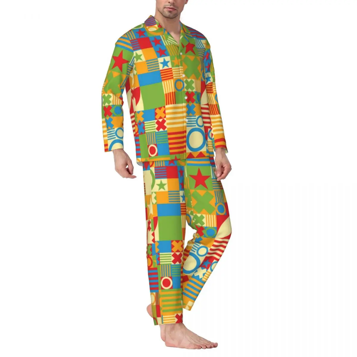 

Figures Retro 60s Pajamas Set Autumn Colorful Geometric Comfortable Night Sleepwear Men 2 Piece Casual Oversize Custom Home Suit