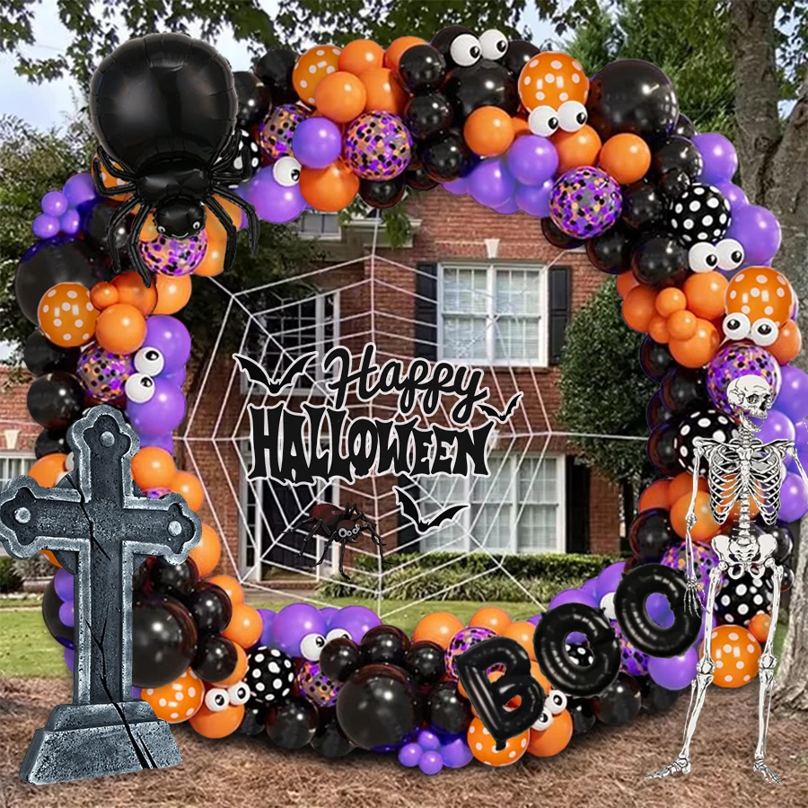 126-teiliges Halloween-Boo-Ballonbogen-Set, Spinnenfolienballons mit schwarzen, orangefarbenen, lila Ballons, Teufelsfolien-Punktballons, geeignet für Halloween-Mottoparty-Dekorationen, schrullige Geburtstagsfeiern und Babypartys