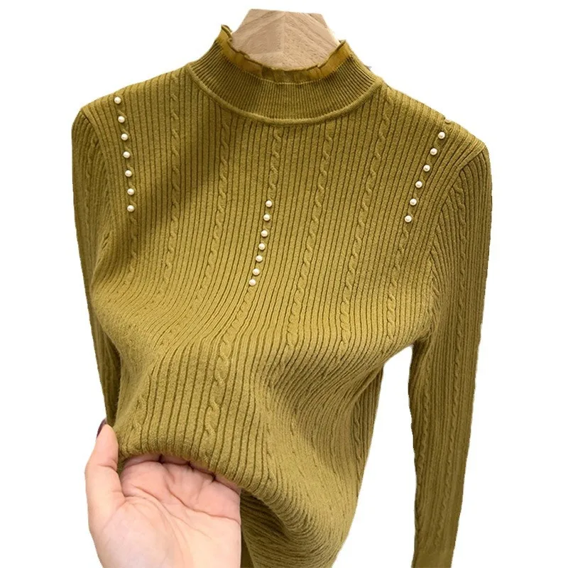 Women Autumn Knitted Sweater Long Sleeve Twist Pearl Slim Top