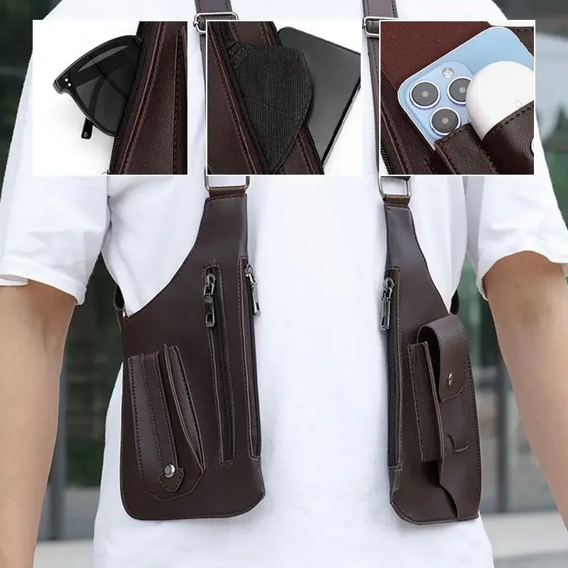 Outdoor Tactical Fishing Bag Multi-Pocket Anti-Theft Waterproof PU Multi-Purpose Men's Crossbody Double Shoulder Strap