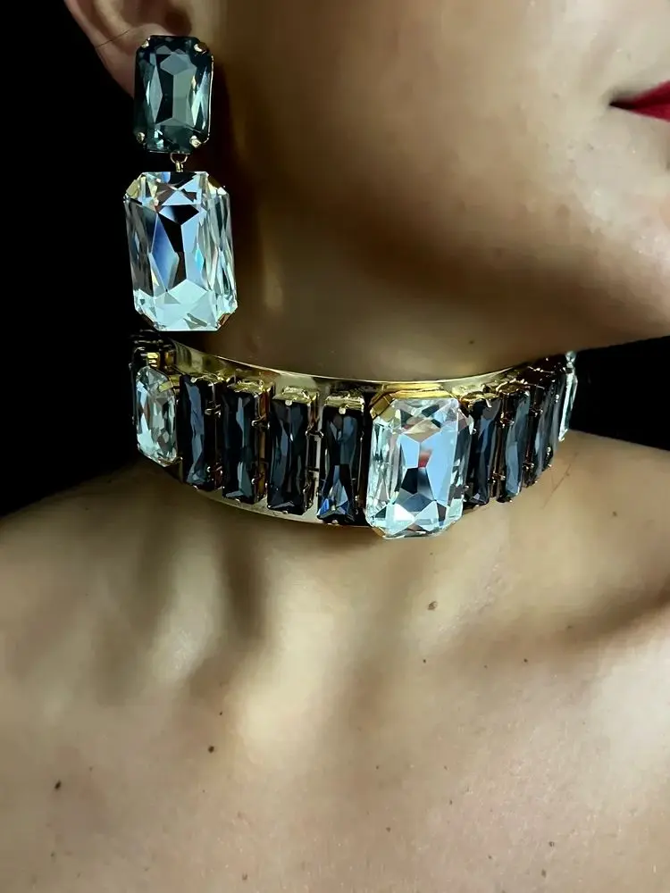 Modische Strass Halskette Damen schmuck Set Braut Hochzeit, personal isierte große Kragen Party große Halskette Ohrring – Detail 4