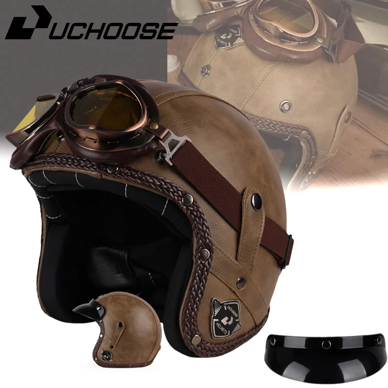 UCHOOSE 레트로 오토바이 헬멧, PU 가죽 오픈 페이스 자전거 헬멧, 클래식 Casco Moto 빈티지, 3/4 다지기 