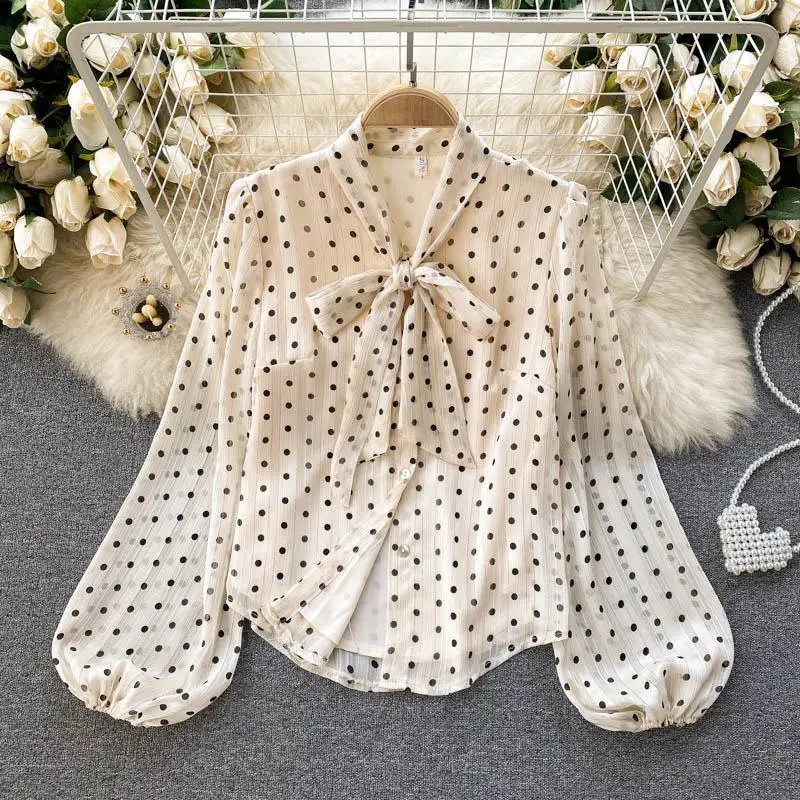 Spring New Vintage Chiffon Shirt Women's V-neck Bow Bubble Sleeve Wave Dot Mesh Shirt Women's Trend