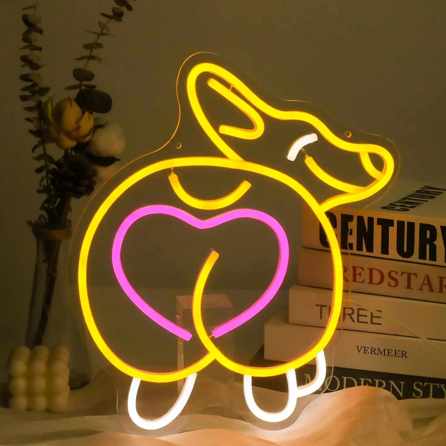 Corgi Neon Sign USB Powered Modern Decorative Neon Light with Pink Heart for Home, Office Wall Decor, Pet Shop, Birthday Gifts