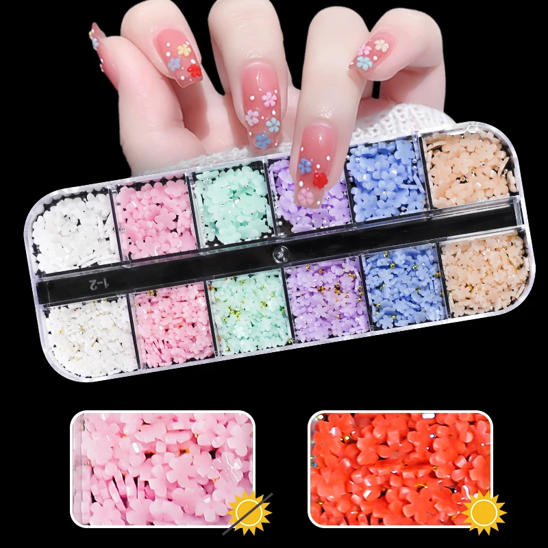 12 Gitter Farbwechsel Acryl Blume Nail Art Dekor lichte mpfindliche Makronen Blümchen 3d Zubehör Kit Nägel Dekoration Lieferungen – Detail 2