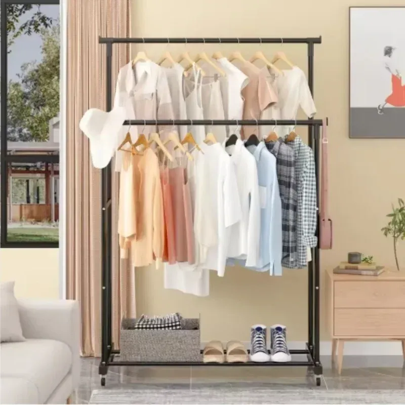 Double-Rod Clothing Rack with Hooks, Mobile Room Organizer, Rack with Wheels, Hanging Clothing Organizer