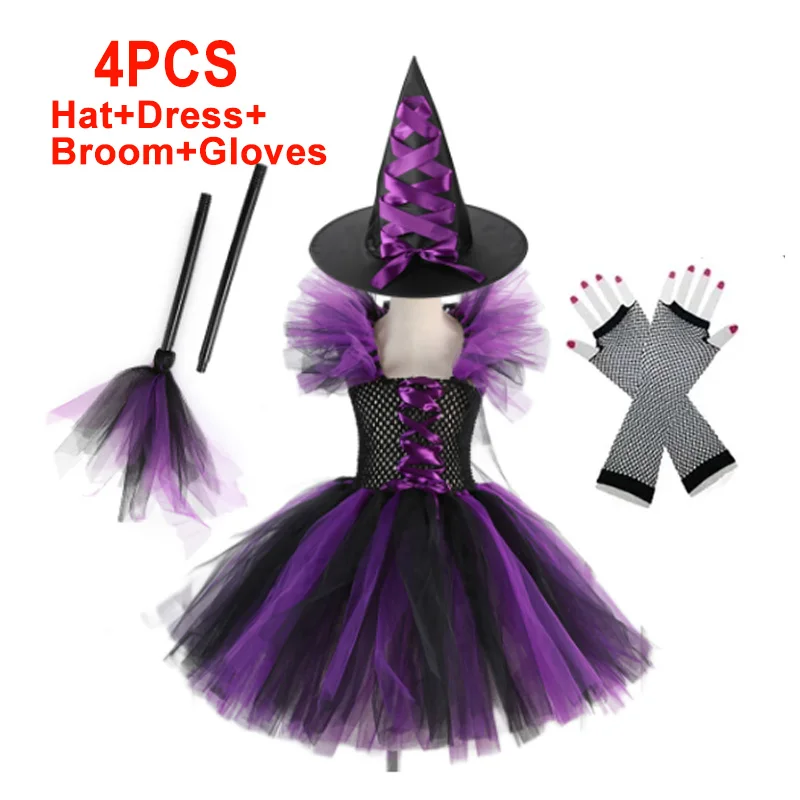 thumbnail image 1 of Disfraz de bruja de Halloween para niñas, traje de Cosplay para carnaval, Fiesta infantil, conjunto de ropa para niños, bolsa, sombrero, escoba, 1 of 5