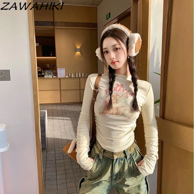 

Y2k Топ с длинным рукавом с мультяшным принтом букв на весну и осень Y2K эстетические японские милые шикарные повседневные универсальные футболки с круглым вырезом