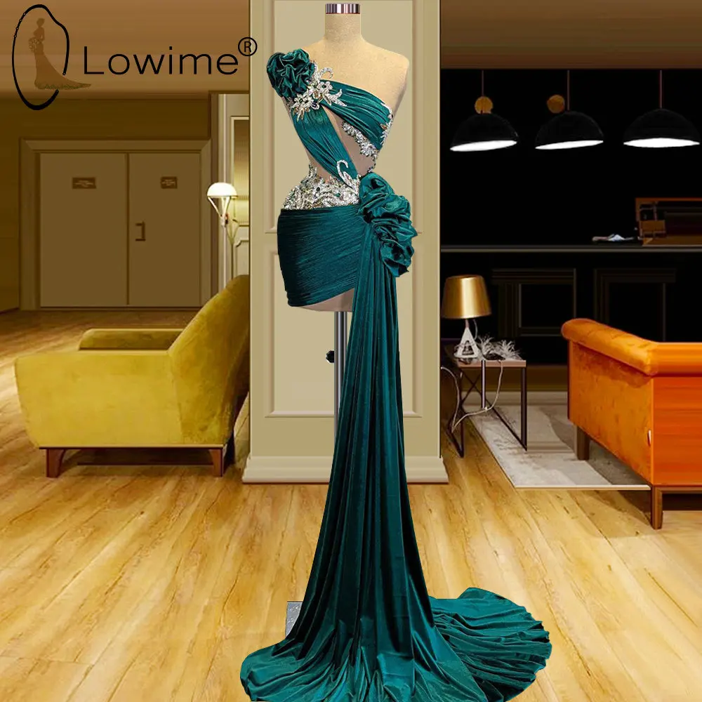 

Lowime Green Short Mermaid Prom Dresses for Wedding Party Women 2022 One Shoulder Sexy Cut-out Cocktail Gowns with Long Train