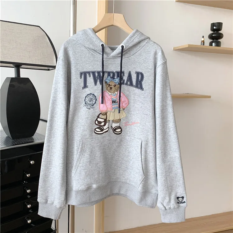 

Cotton Hoodies for Women, Grey Color, Bear Print, Loose Casual Lady Sweatshirts, Harajuku Clothes, Autumn