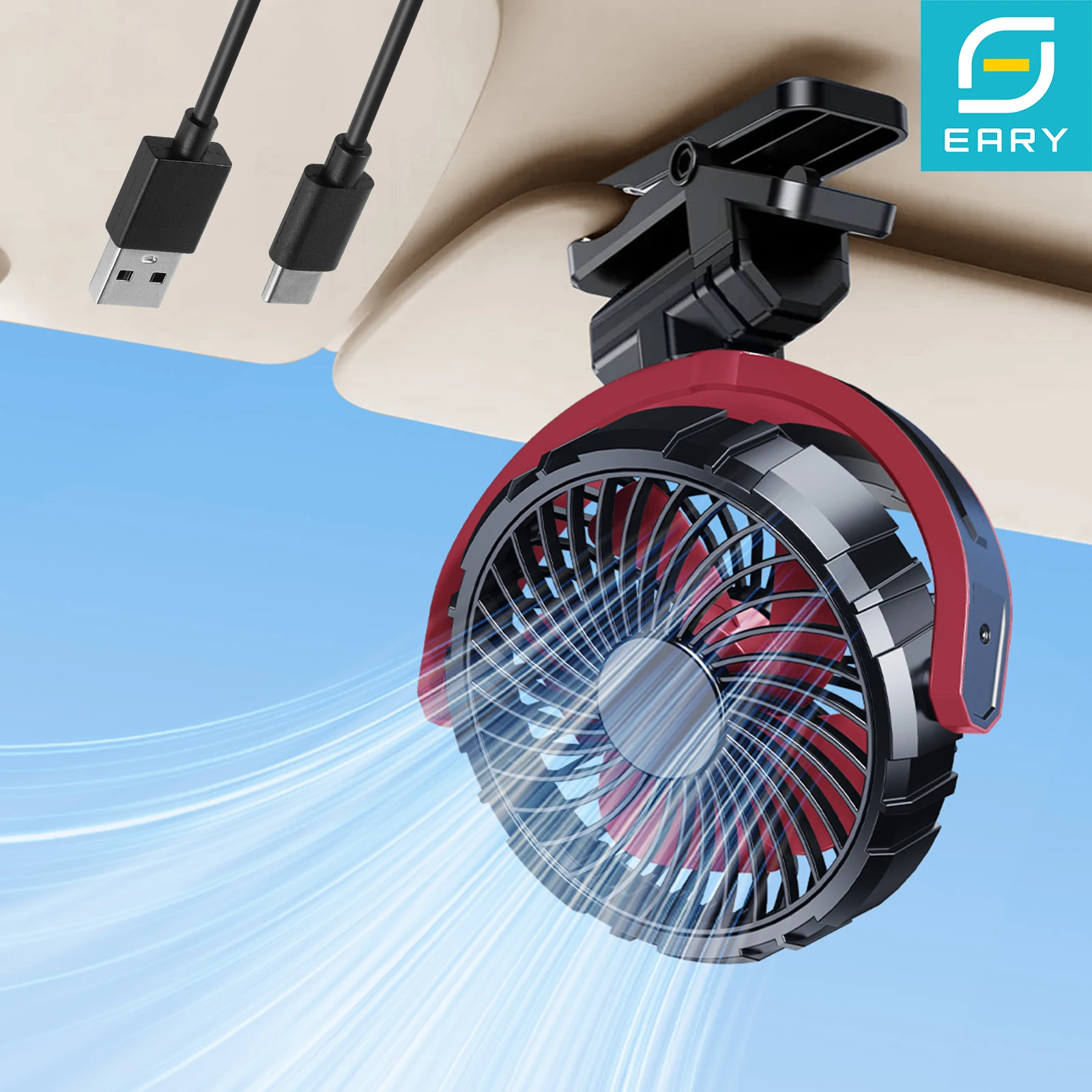 Eary Battery Powered 2000mAh Clip On Fan Car Visor Quiet 360° Rotate Usb Rechargeable For SUV Van Truck Accessories_voghion.com