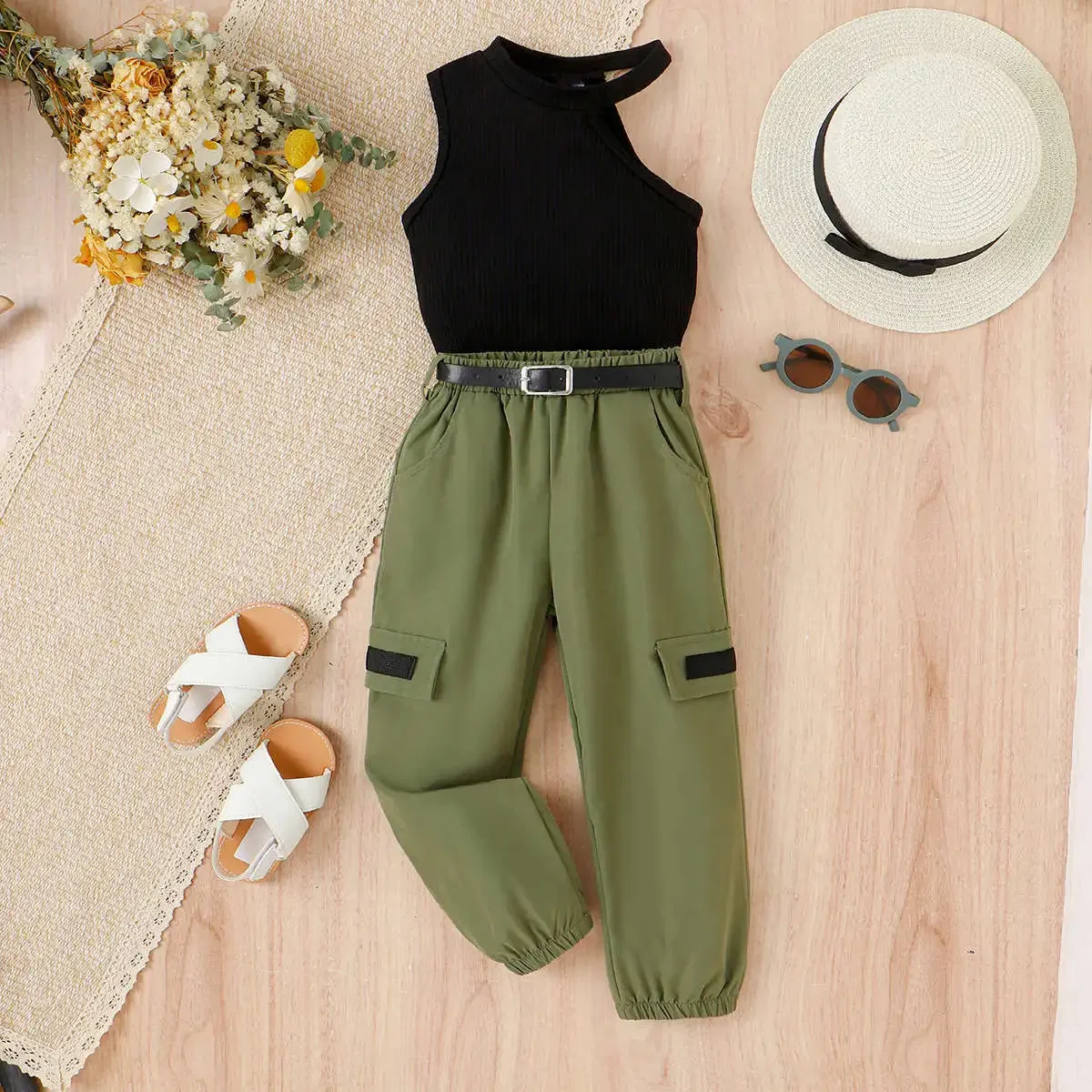 

4-7Y Children Kids Girls Summer Clothes Set Sleeveless Off Shoulder Tank Top + Pants +Belt 3Pcs Fashion Korean Baby Kids Outfits