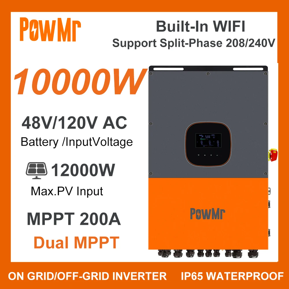 Powmr On Grid/Off Grid 10Kw Dc48V 120Vac Inverter Solare Supporto Wifi Integrato Split-Phase 208/240V Dual Mppt Max Pv Power 12000W