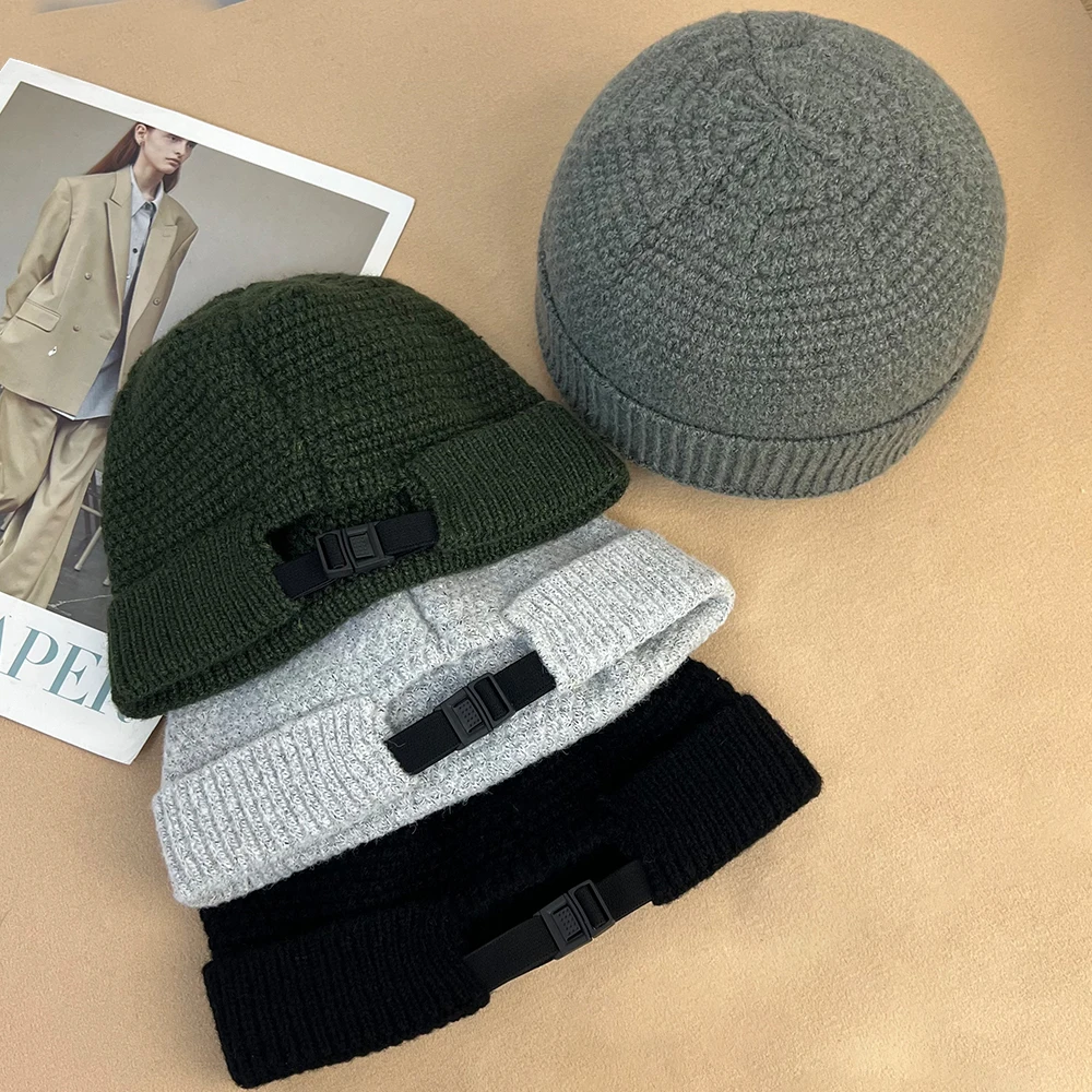 Woolen Knitted Hats for Men Women Roll Up Edge Thick Skull