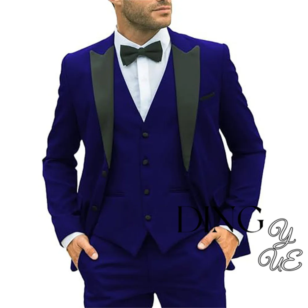 Fashion Men's Suits Regular Fit 3 Piece Tuxedos Peak Lapel Blazer Vest Pants for Evening Party