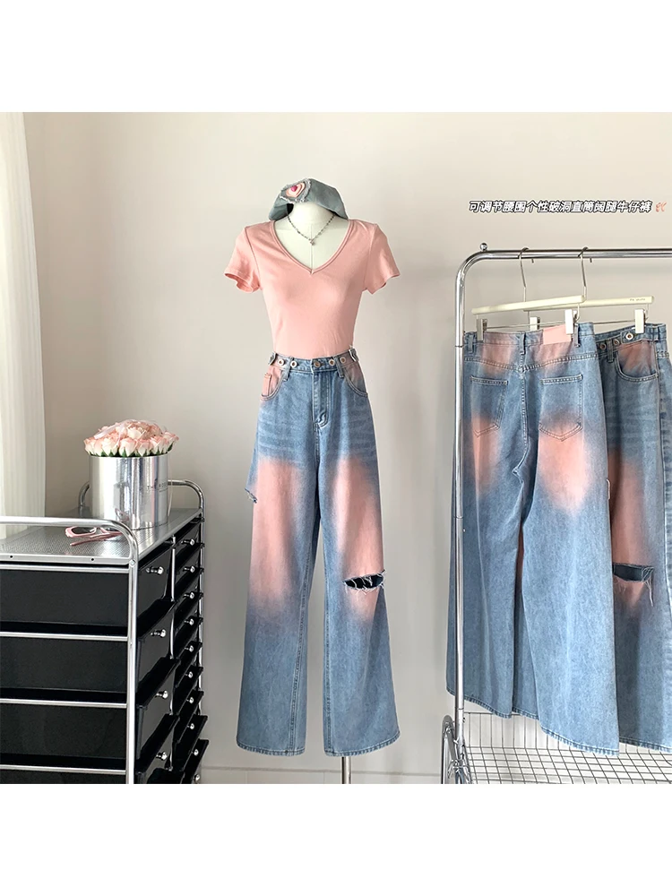 

Women's Blue Ripped Jeans Baggy Harajuku Y2k 90s Aesthetic High Waist Denim Trouser 2000s Wide Jean Pants Vintage Trashy Clothes