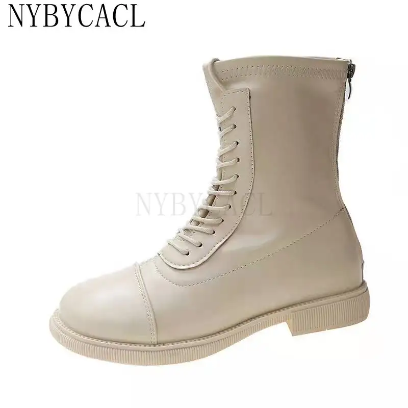 2022 Autumn Winter Women Ankle Boots Shoes Solid Black Beige Lace-up Square Toe Rubber Elegant fashion Low Heels Women Boots New