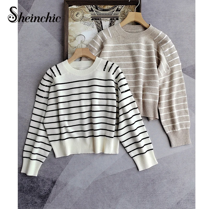

100% Wool Sweater Women Korean Fashion O-neck Long Sleeve Striped Top Mujer 2023 Loose Casual Pullovers Knitwears