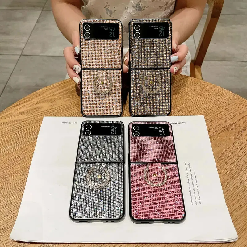 Luxury Bling Lattice Pattern Rhinestone Ring Grip Phone Case - Fashion Glitter Shell