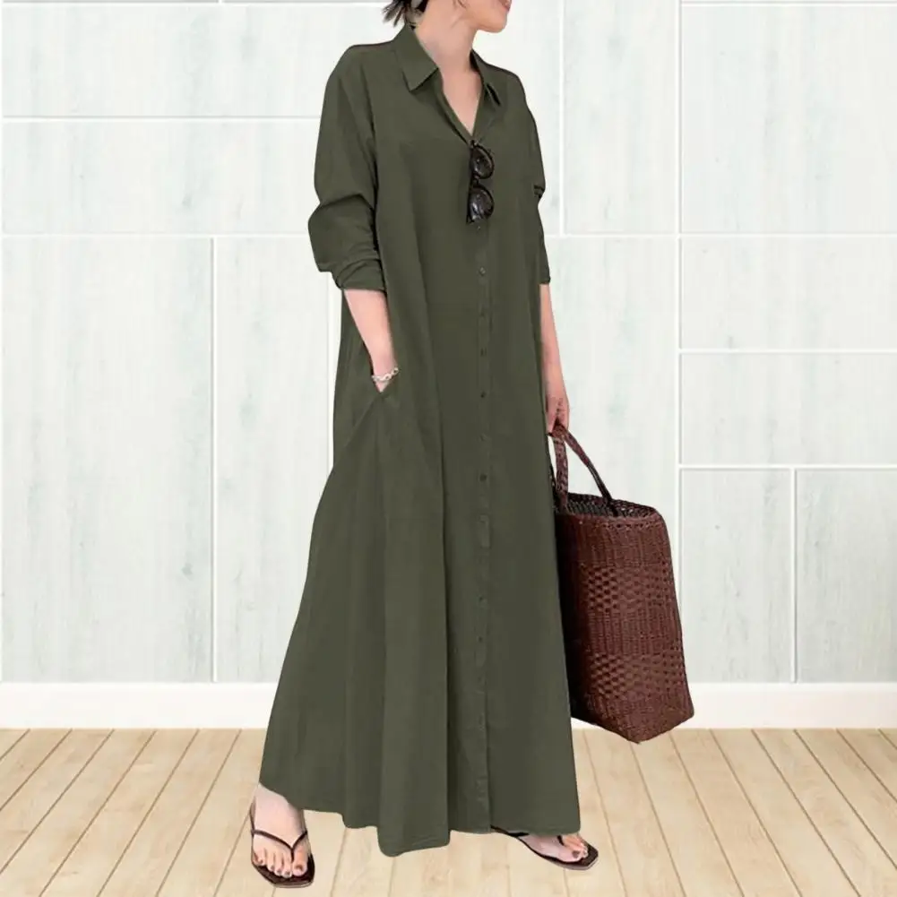 

Loose Cut Button Closure Dress Casual Dress Spring Maxi Dress with Turn-down Collar Single-breasted Long Sleeve Ankle Length