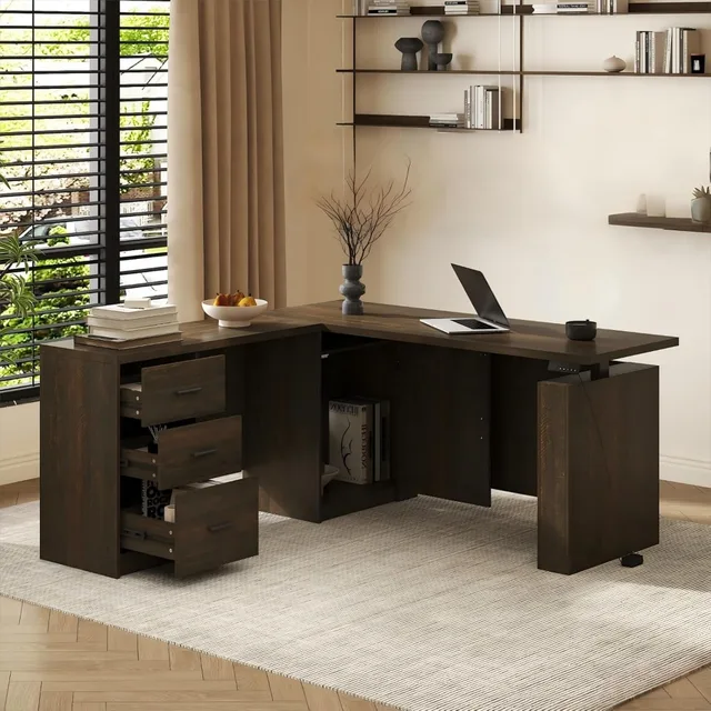L-Shaped Electric Standing Desk, 63” x 63” Height Adjustable Executive Desk, Corner Computer Table with File Drawers Cabinet