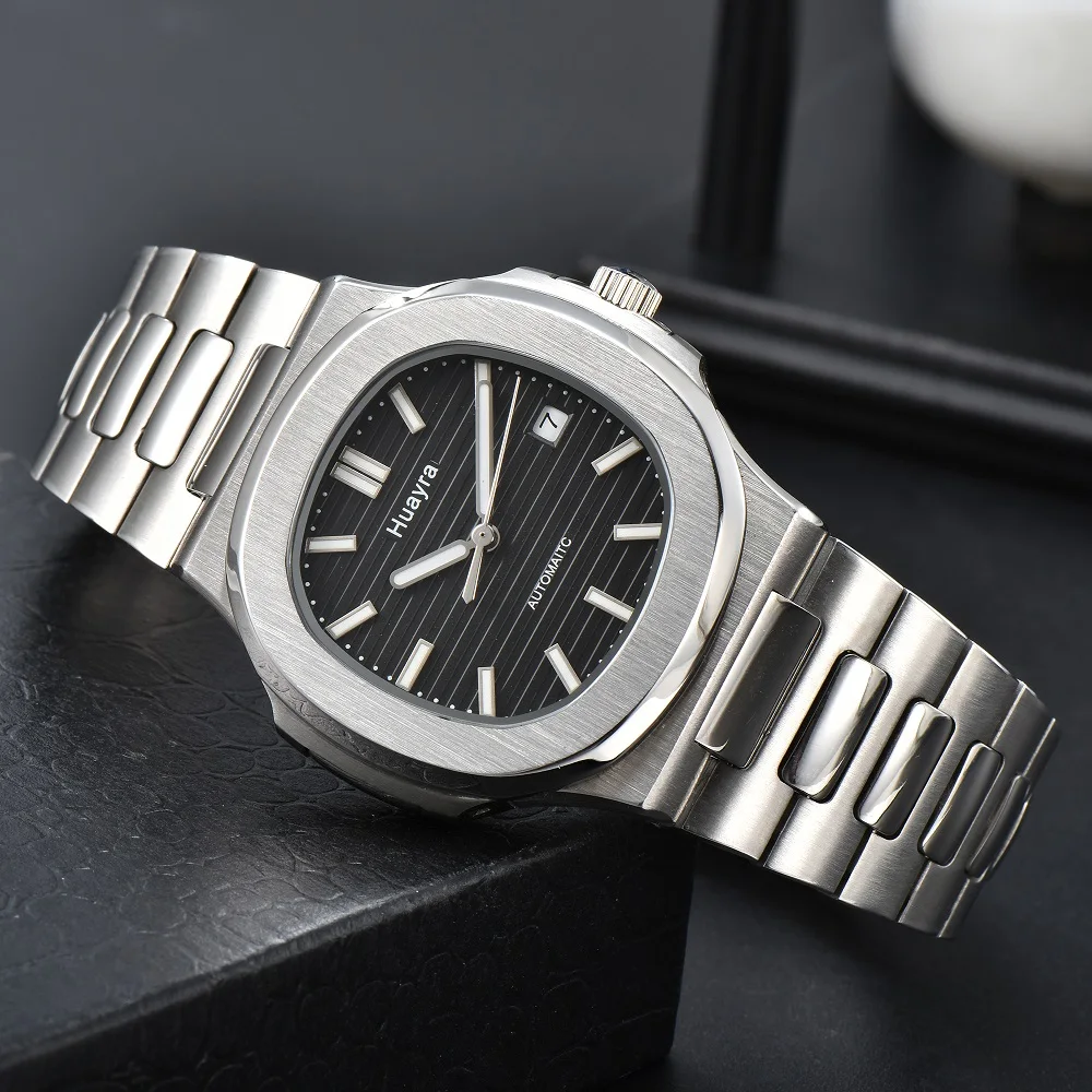 HUAYRA Mechanical Watch Men's Black Dial Stainless Steel Band Automatic Watch Square Waterproof Hand Clock New Date 2023