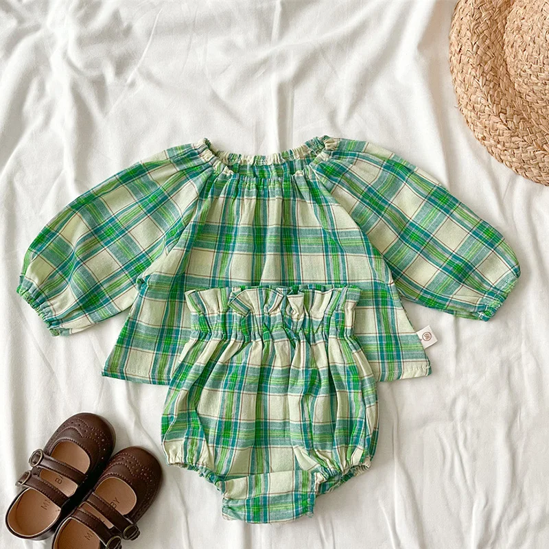 

Toddler Baby Girl Clothes Suit Long Sleeved Cotton Plaid Shirt+PP Shorts Autumn Spring Infant Baby Girls Clothing Set