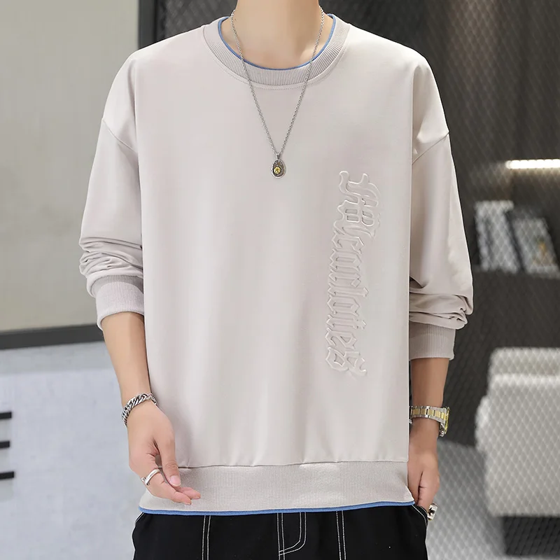 Men's Spring Autumn Solid Pullover Round Neck Letter Printed Lantern Long Sleeve T-shirt Sports Hoodies Fashion Casual Tops