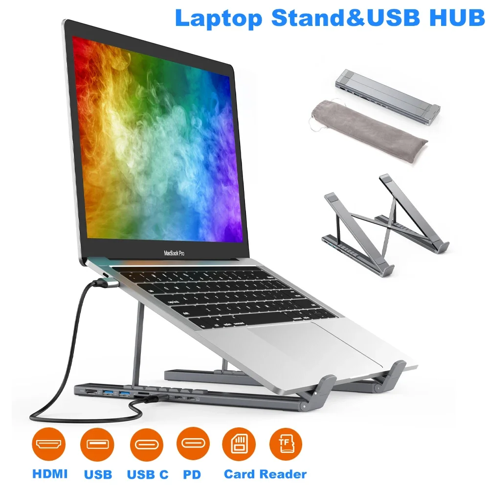 Laptop Stand with USB C 3.1 HUB USB 3.0 7 in 1 4K HDMI SD TF Card Reader Adjustable Portable for Macbook Aluminium Notebook