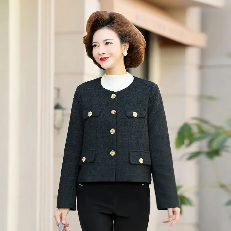 High End Small Fragrant Style for Middle-aged Elderly In 2023 Spring Autumn New  Round Neck Top Button Short Jacket Top Trend