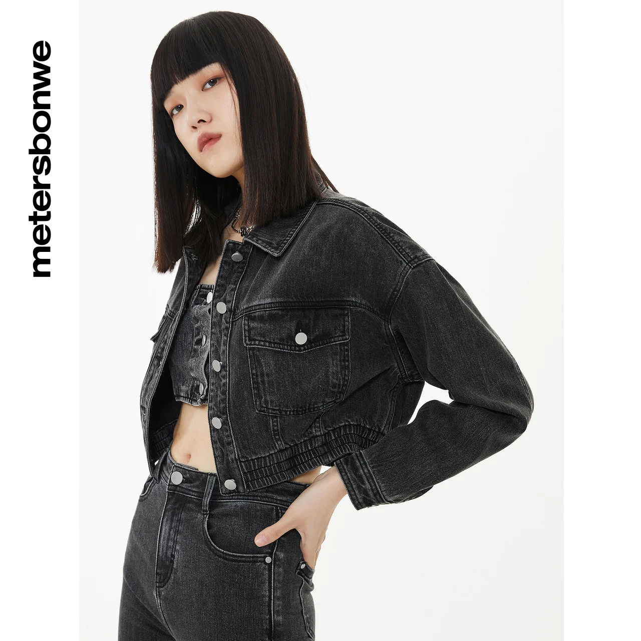 Metersbonwe-denim jacket for women, spring and autumn coat, basic, short fit, rubber band closure, brand fashion