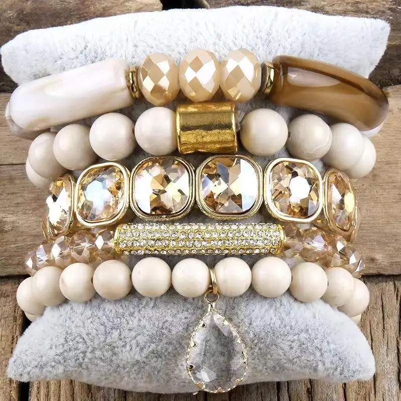 RH Fashion Boho Jewelry Set 5pc Stone Glass Stack Bracelet