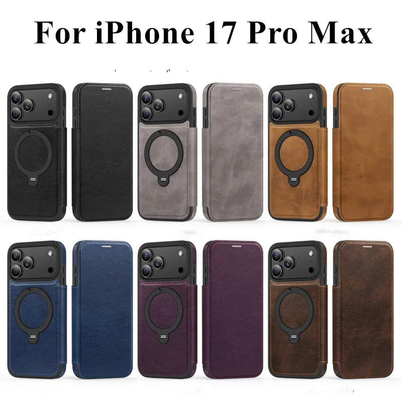 Wireless Charging Retro Leather Flip Wallet Case with Card Slots and Magnetic Closure