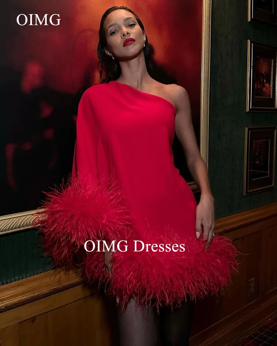 

OIMG Fashion Saudi One-Shoulder Prom Dresses Cape Sleeves Satin Feathers Red Midi Elegant Evening Gowns Formal Party Dress