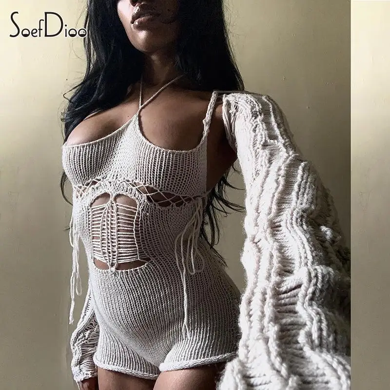 

Soefdioo Knit Hollow Out Playsuit with Separate Long Sleeve Women Fall 2023 Clubwear Sexy Halter Body-Shaping One Piece Overalls