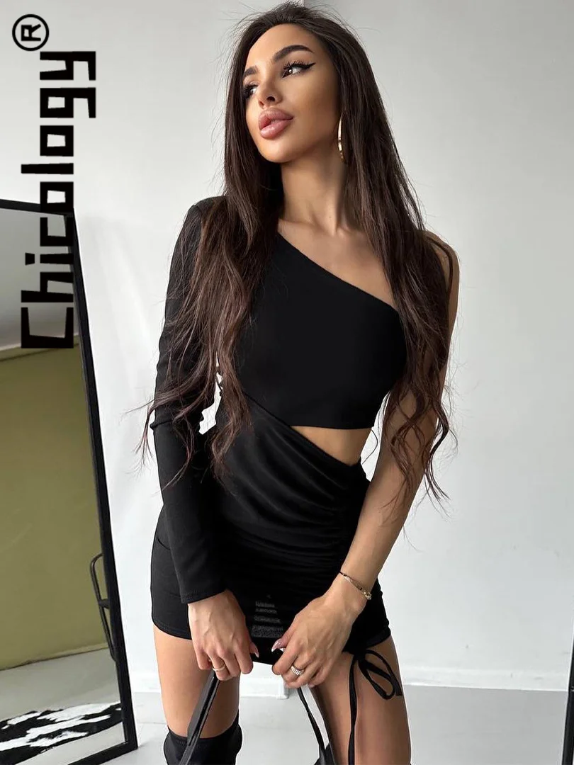 

Chicology Fashion One Shoulder Crop Top Shirring 2 Piece Skirt Sets Casual Sexy Streetwear Party Women Clothes For Wholesale