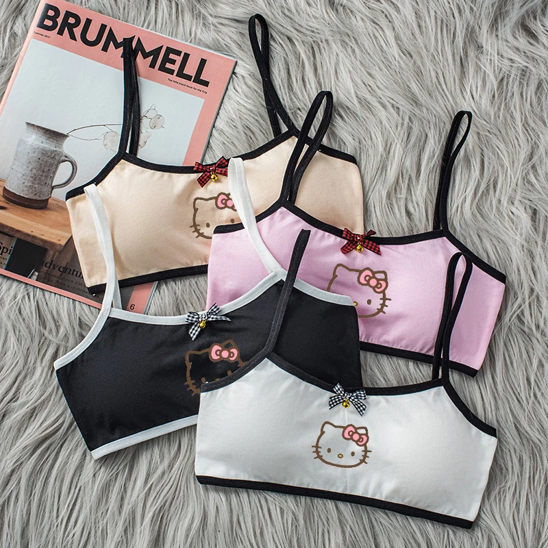 

Sanrioed Kawaii Hello Kitty Children's Breast Care Girl Bra 8-14 Years Hipster Cotton Teens Teenage Underwear Summer Kids Vest