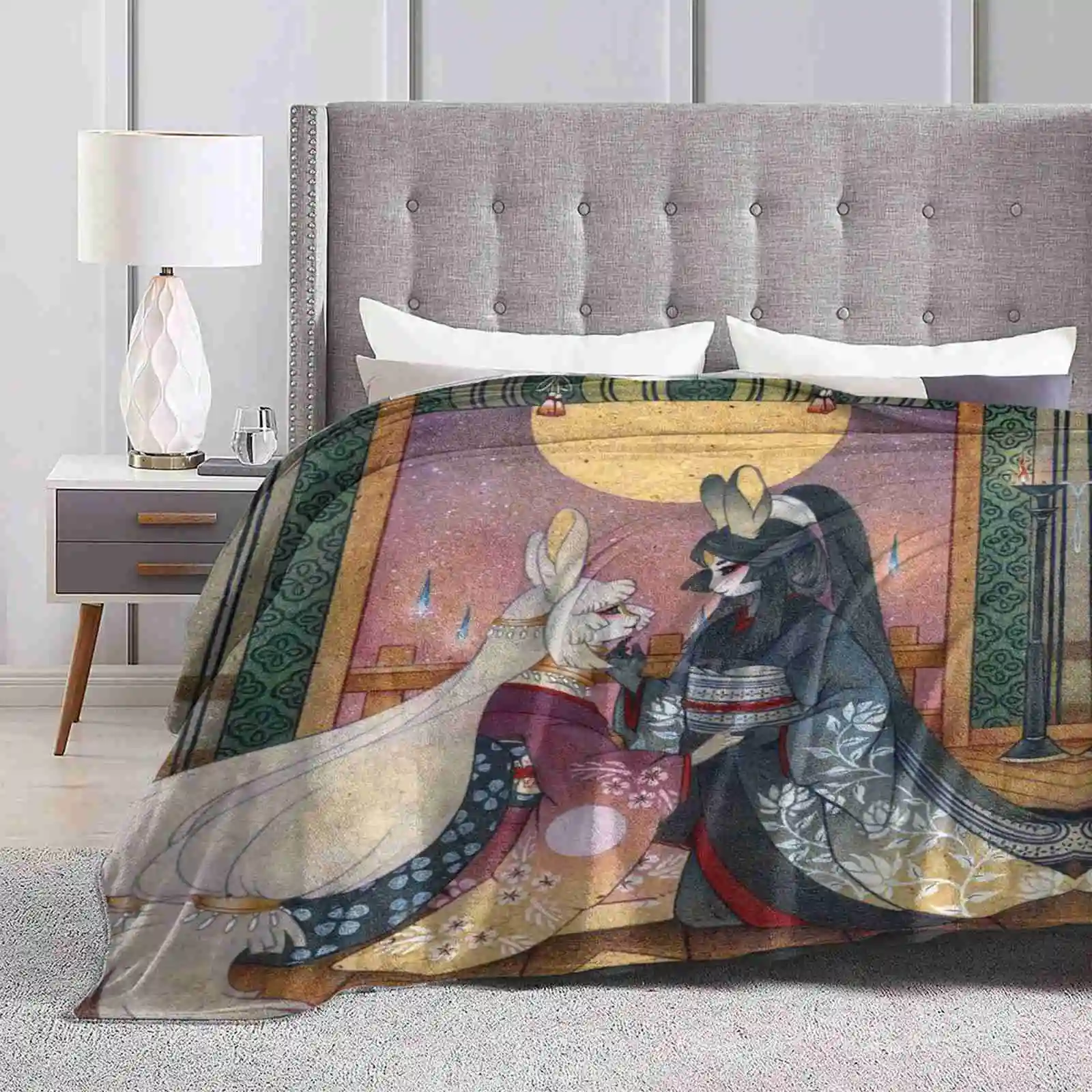 Miri & Akemi-Moon Rabbit Design Creativo Light Thin Soft Flanella Coperta Moon Rabbit Bunny Tsuki No Usagi Yokai Youkai Giapponese